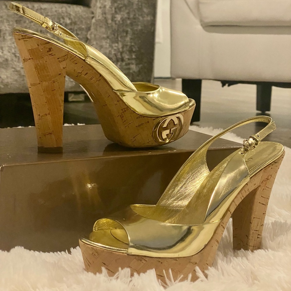 Gucci Gold "Grease" High Heel Sandals with Interlocking G Details Platforms